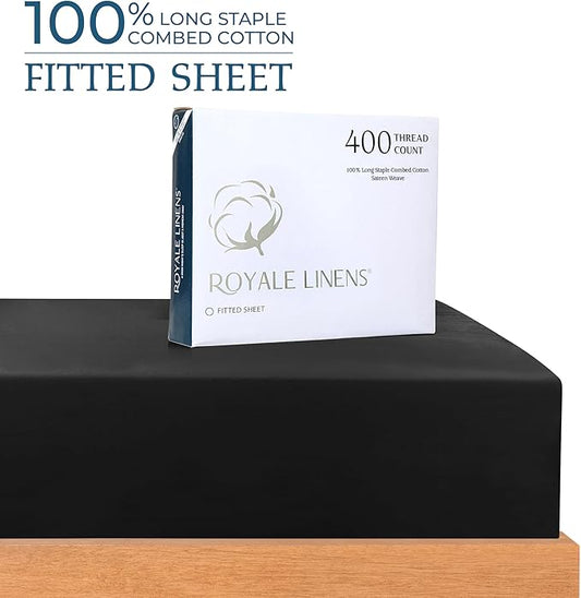 ROYALE LINENS 400 Thread Count 100% American Grown Cotton Fitted Sheet Twin Size - All Around Elastic Fitted Sheet - Luxury Sateen Weave - Snug Fit Bottom Sheet Fit Up to 16 Inch (Twin, Night Black)
