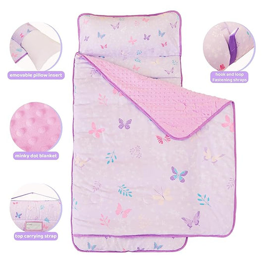 Viviland Toddler Kid Nap Mat for Preschool, Girls Purple Butterfly Slumber Bag, Daycare Sleeping Bag with Pillow and Blanket, Kindergarten Sleep Mat