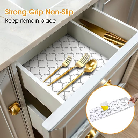 Shelf and Drawer Liner for Kitchen Cabinets Non-Adhesive, Strong Grip Non-Slip Thickened Cabinet Liners for Shelves, Waterproof Mats for Dresser Cupboard, White/Gray, 23 in x 30 Feet