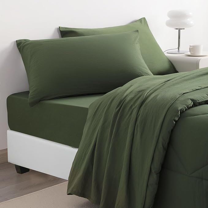 NTBAY Twin Comforter Set with Sheets, 5 Pieces Soft and Breathable Twin Bedding Set, Twin Bed in a Bag, Down Alternative Comforter Set Solid Color All Season, Kids Bedding Set, Olive Green