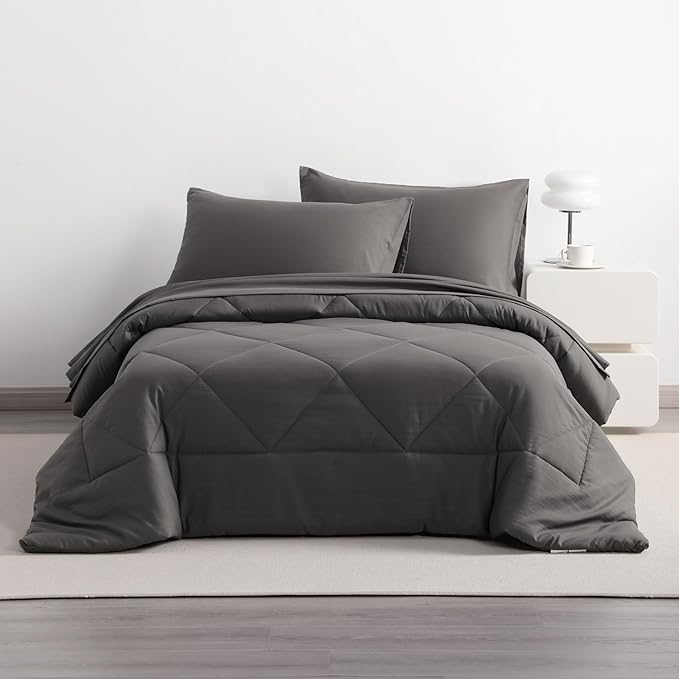 5-Piece Twin Comforter Set with Sheets – Soft and Breathable All-Season Twin Bed in a Bag, Down Alternative Comforter Set for Kids or Teens, Dark Grey