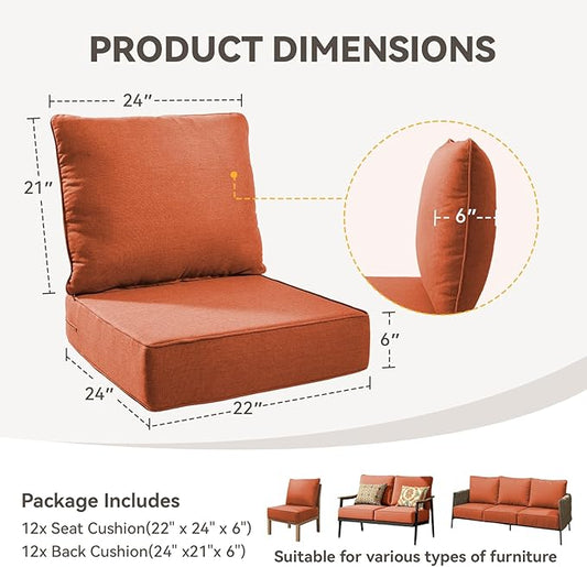 Outdoor Cushion Set for Furniture Patio Furniture, UV Resistant, Water Resistant - 6 Inch Thick Foam Garden Cushions – 22x24 Inch Patio Seat Covers for Chair/Sofa/Couch | Orange | 12-Pack |