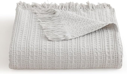 100% Cotton Waffle King Blanket with Fringe 104"x90", Pre-Washed Waffle Weave Blanket for All Season, Lightweight Breathable Soft Cozy Throw Blanket for Couch, Bed, Travel (Light Grey)