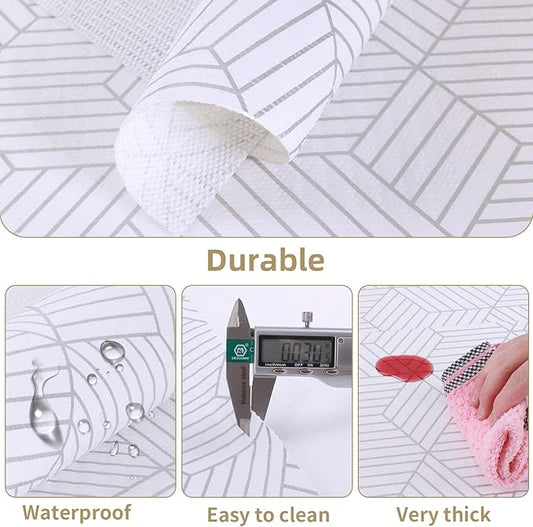 Shelf Liners for Kitchen Cabinets Non Adhesive Shelf Liner Paper Non-Slip Thickened Drawer Liner Easy to Clean for Tool Box Refrigerator with Knife and Tape Measure, Silver Geometric, 17.3 x 236.2 in