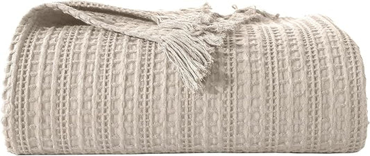 100% Cotton Waffle King Blanket with Fringe 104"x90", Pre-Washed Waffle Weave Blanket for All Season, Lightweight Breathable Soft Cozy Throw Blanket for Couch, Bed, Travel (Beige)
