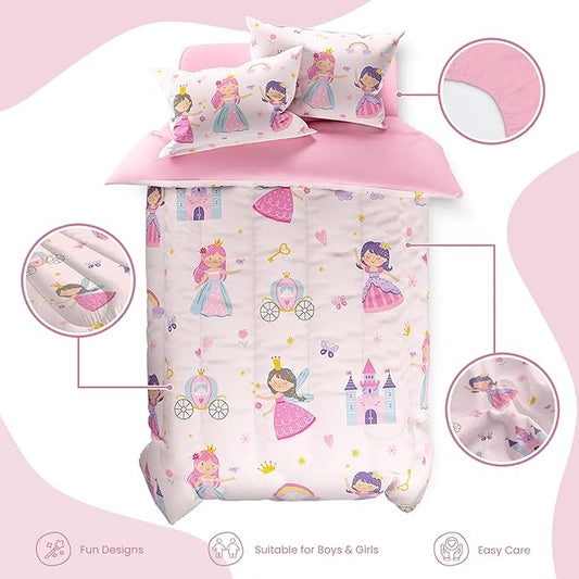 SANDJEST Princess Comforter Set Twin Size 68x86in for Kids Girls, Microfiber 3 Pcs Bedding Set Includes 1 Comforter, 1 Pillowcase, 1 Fitted Sheet, Nursery Room Decor