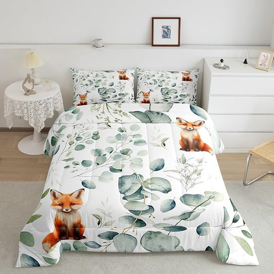 Erosebridal Girls Cartoon Animal Full Bedding Sets for Kids Toddler Kawaii Fox Comforter Set, Woodland Wildlife Bedding Comforter Sets Jungle Wild Fox Duvet Insert, Green Eucalyptus Down Comforter