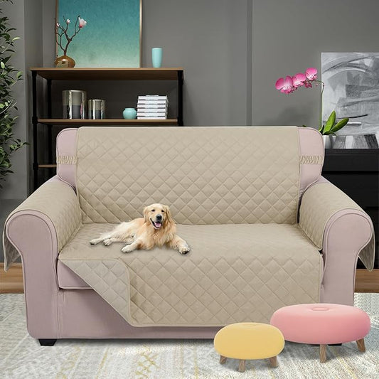 U-NICE HOME Loveseat Sofa Cover Reversible Couch Cover for Dogs with Elastic Straps Water Resistant Furniture Protector for Pets Couch Cover for 2 Cushion Couch (Loveseat, Sand/Beige)