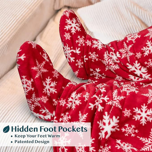 PAVILIA Fleece Blanket with Sleeves, Foot Pockets for Women Men Adults, Plush Wearable Blanket Throw Wrap, Warm Snuggle Blanket Robe, Cozy Gift Ideas Wife Mom, Snowflake Red