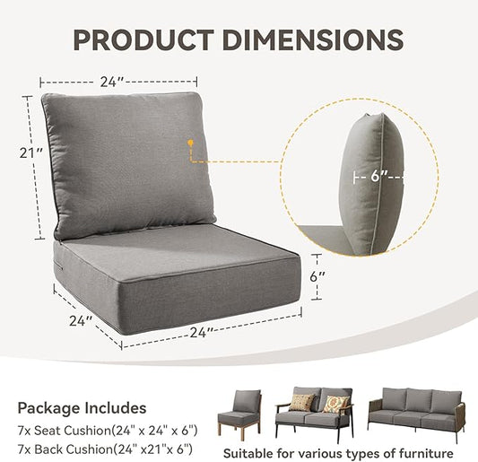 Outdoor Cushion Set for Furniture Patio Furniture, UV Resistant, Water Resistant - 6 Inch Thick Foam Garden Cushions– 24x24 Inch Patio Seat Covers for Chair/Sofa/Couch | Grey | 7-Pack |