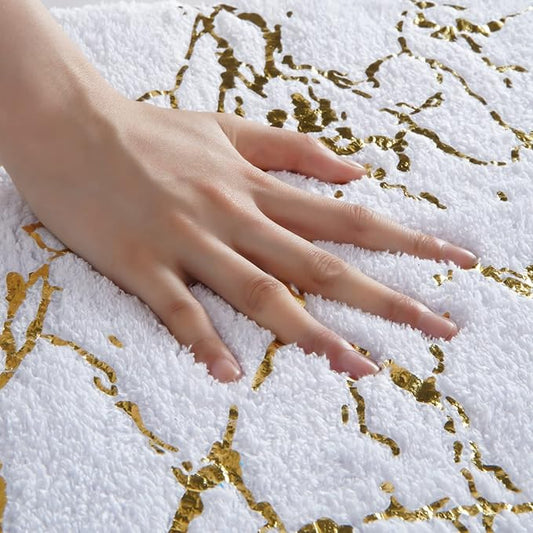 QJHOMO Toilet Rugs U Shaped White and Gold Bathroom Rugs, Gold Decor Toilet Mat Contour Bath Rug Marble Bathroom Accessories, Extra Thick Carpet Non Slip Floor Mats Machine Washable (20x24 inch)