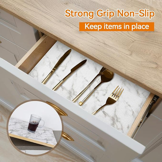 Shelf and Drawer Liner for Kitchen Cabinets Non-Adhesive, Strong Grip Non-Slip Thickened Cabinet Liners for Shelves, Waterproof Mats for Dresser Cupboard, Marble, 12 in x 10 Feet