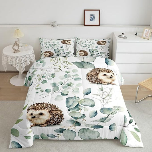 Erosebridal Cute Hedgehog Queen Size Comforter Set for Kids Child Green Eucalyptus Bedding Set, Woodland Animal Down Comforter Botanical Plant Leaves Bed Set, Cartoon Wildlife Quilted Duvet