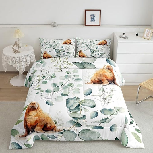 Erosebridal Cartoon Seal Full Size Comforter Set Toddler Ocean Wildlife Bedding Set, Spring Plant Down Comforter Eucalyptus Leaf Bed Set, Sea Animal Theme Quilted Duvet Kids Room Decor
