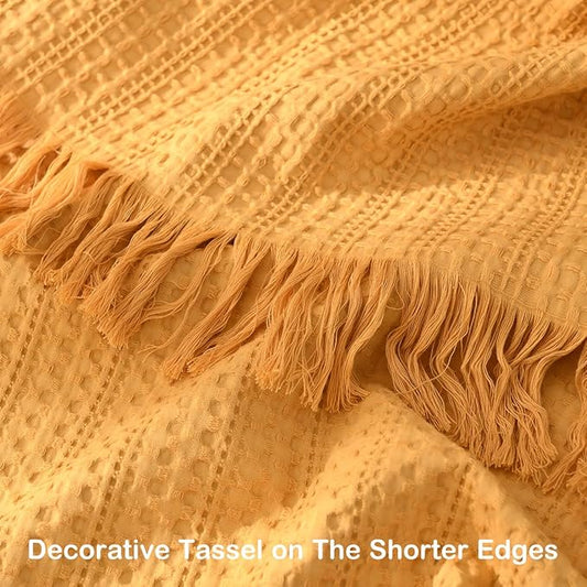 100% Cotton Waffle Blanket with Fringe, Pre-Washed Waffle Weave Blanket for All Season, Lightweight Breathable Soft Cozy Throw Blanket for Couch, Bed, Travel (Mustand Yellow - 66x90 Inches)