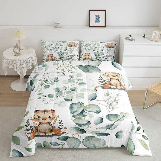 Erosebridal Kids Cute Animal Twin Comforter Set for Girls Boys Cartoon Tiger Bedding Set Twin, Spring Eucalyptus Bedding Comforter Sets Leaves Duvet Set, Kawaii Jungle Animal Quilted Comforter