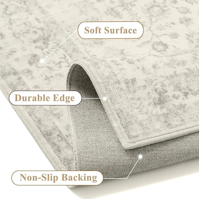 2x8 Grey Runner Rug Hallway Non Slip Kitchen Vintage Distressed Long Carpet Indoor Machine Washable Retro Floral Bedroom Accent Throw Rug for Office Laundry Bathroom Dining Living Room