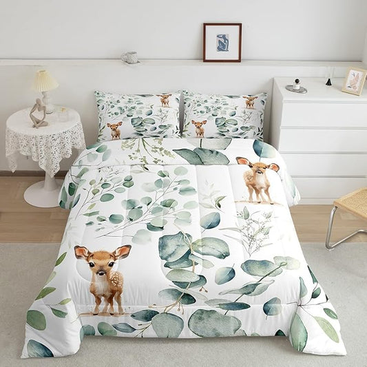 Erosebridal Cartoon Deer King Bedding Sets Toddler Woodland Wildlife Comforter Set, Spring Plant Duvet Insert Eucalyptus Leaf Down Comforter, Jungle Animal Theme Bedding Comforter Sets Kids Room Decor