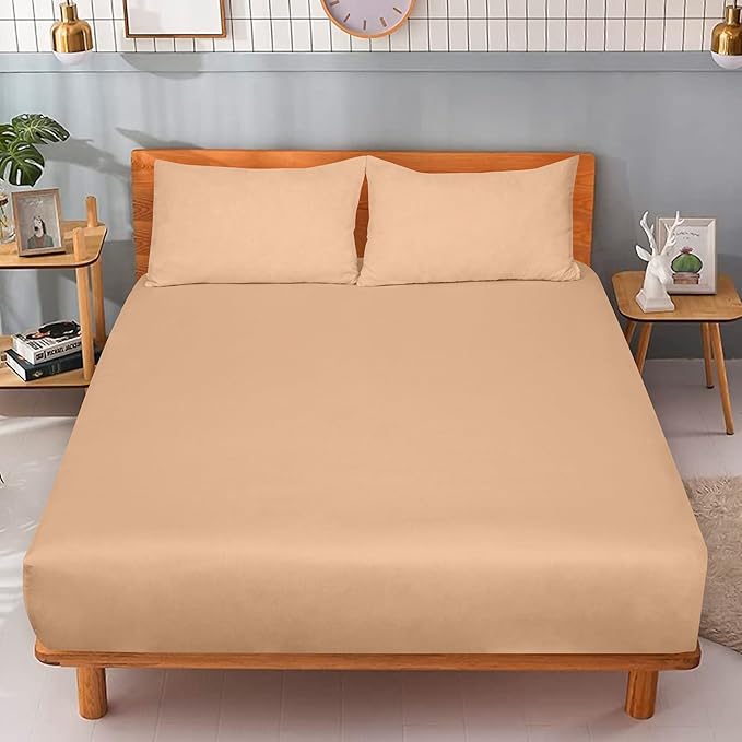 ROYALE LINENS 300 Thread Count 100% Long Staple Combed Cotton Fitted Sheet Queen - Super Soft Deep Pocket Bottom Sheet - Fitted Sheets Only - Elastic Sheets (Queen, Sand)