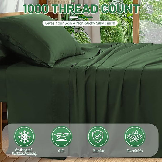 100% Egyptian Cotton Sheets Cal King Sheet Set 1000 Thread Count Sateen Weave Soft Breathable 16-Inch Deep Pocket 4PCS(California King,Forest Green)