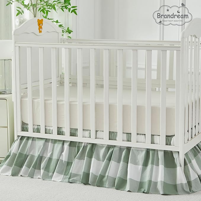 Brandream Gingham Gathered Crib Skirt, Baby Boy, Baby Girl, Gender Neutral Crib Skirt, 100% Cotton, 4-Sided, Green Buffalo Plaid Toddler Bedskirt Farmhouse Chic Nursery Crib Bed Skirt Dust Ruffle