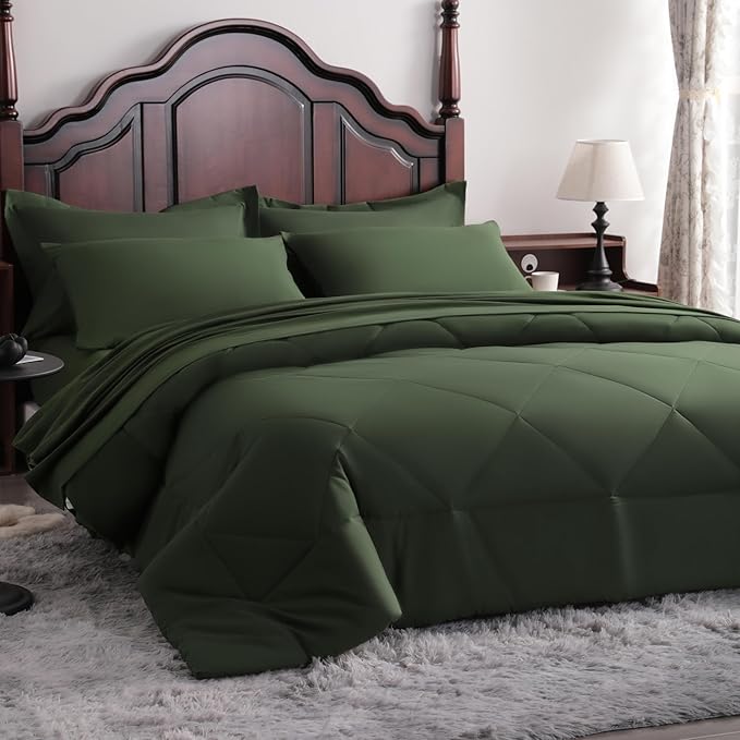 NTBAY Queen Comforter Set with Sheets, 7 Pieces Soft and Breathable Queen Bedding Set, Bed in a Bag, Down Alternative Comforter Set Solid Color All Season, Queen Bedding Set, Olive Green