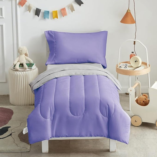 UOZZI BEDDING 4 Pieces Toddler Bedding Set Ultra Soft and Breathable Toddler Sheet Set - Includes Comforter, Flat Sheet, Fitted Sheet and Pillowcase - Purple & Gray