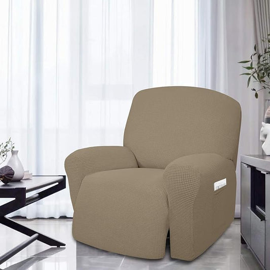 Easy-Going 4 Pieces Oversized Recliner Stretch Sofa Slipcover Sofa Cover Furniture Protector Couch Soft with Elastic Bottom Polyester Spandex Jacquard Fabric Small Checks Natural,X-Large