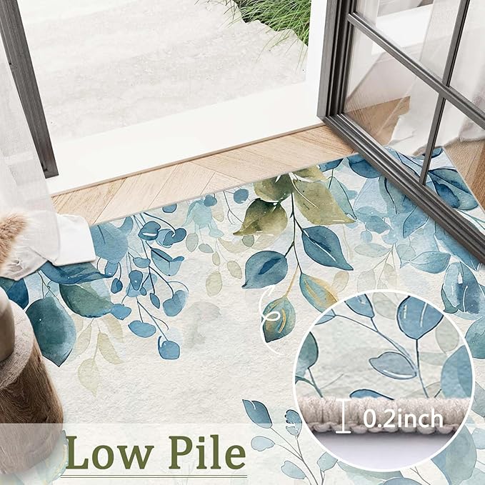 2x3 Botanical Leaf Entryway Area Rug Blue White Leaves Bathroom Rug Non Slip Machine Washable Low Pile Small Carpet Kitchen Bedroom Door Mat Entrance