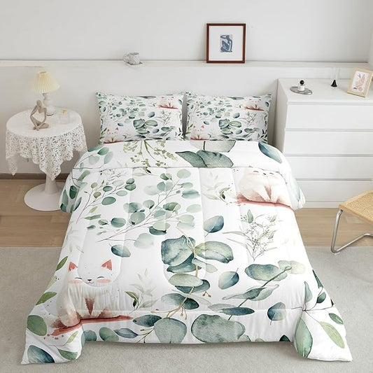 Erosebridal Kawaii Cat Queen Size Comforter Set for Boys Girls Cartoon Animal Bedding Set, Eucalyptus Leaves Down Comforter Pet Kitten Bed Set, Tropical Botanical Plants Quilted Duvet