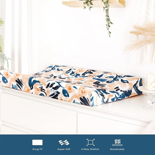 GRSSDER Stretch Ultra Soft Jersey Knit Changing Pad Cover Set 2 Pack, Change Table Pad Covers Fit 32"/34" x 16" Pads Safe and Snug, Beautiful Blush Floral Print for Girls