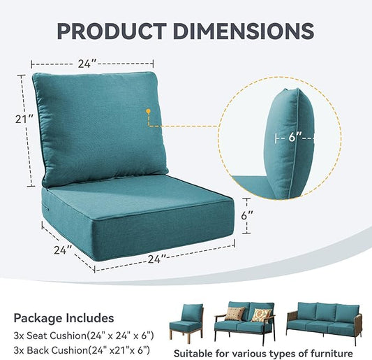 Outdoor Cushion Set for Furniture Patio Furniture, UV Resistant, Water Resistant - 6 Inch Thick Foam Garden Cushions– 24x24 Inch Patio Seat Covers for Chair/Sofa/Couch | Peacock Green | 3-Pack |