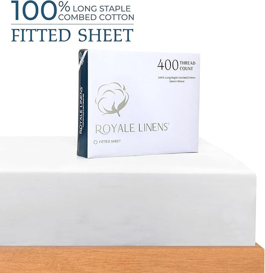 Royale Linen 400 Thread Count 100% American Grown Cotton Fitted Sheet Twin Size - All Around Elastic Fitted Sheet - Luxury Sateen Weave - Snug Fit Bottom Sheet Fit Up to 16" (Twin, Signature White)