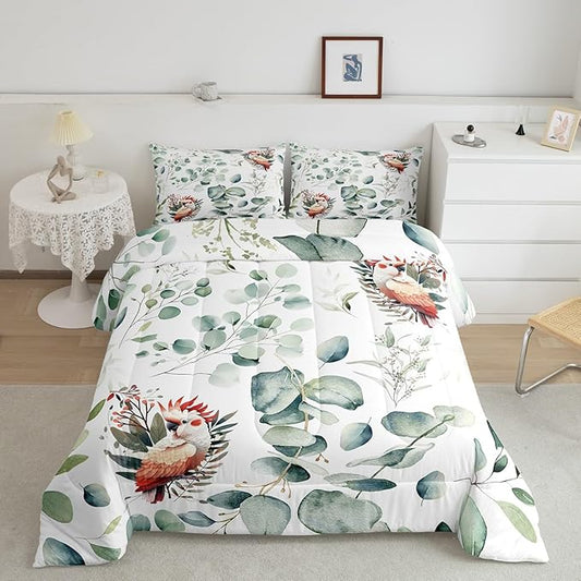 Erosebridal Cartoon Animal King Bedding Sets for Kids Toddler Kawaii Parrot Comforter Set, Wild Bird Duvet Insert Cute Wildlife Down Comforter, Botanical Green Eucalyptus Bedding Comforter Sets