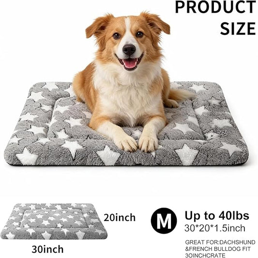 Dog Crate Mat, 4 Piece Reversible Pet Bed, Polyester, Machine Washable, Small Dogs & Cats, Rectangular, 24 x 18 x 1.3 Inches (Gray Star, 30" L x 20" W x 1.5" Th)
