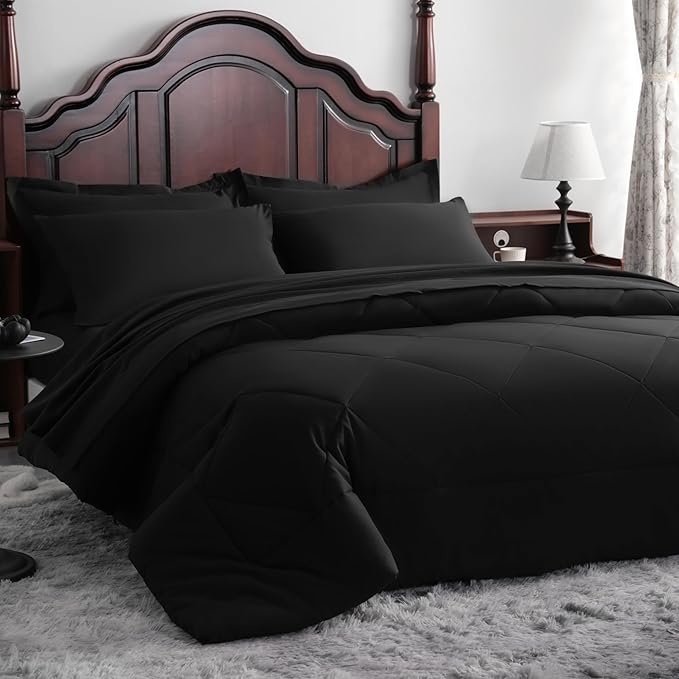 NTBAY Queen Comforter Set with Sheets, 7 Pieces Soft and Breathable Queen Bedding Set, Bed in a Bag, Down Alternative Comforter Set Solid Color All Season, Queen Bedding Set, Black