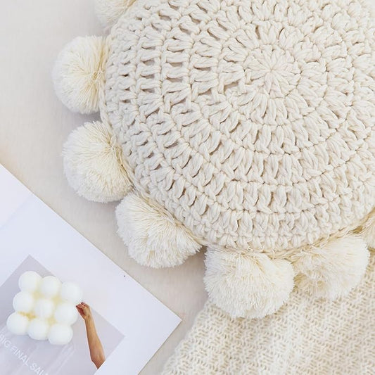 Beige 14 Inch Boho Round Throw Pillow, Cute Throw Pillow with Pom Poms Tassels, Decorative Circular Knitted Crochet Cushion for Couch Sofa Chair Bed