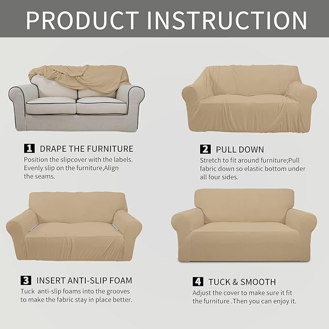 Easy-Going Stretch Oversized Sofa Slipcover 1-Piece Sofa Cover Furniture Protector Couch Soft with Elastic Bottom for Kids, Polyester Spandex Jacquard Fabric Small Checks Sand