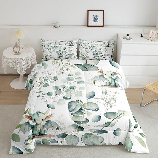 Erosebridal Boys Magic Animal Bedding Queen Size Cute Dragon Comforter Set Queen, Cartoon Wildlife Duvet Insert Green Leaf Quilt Set, Spring Plant Bedding Comforters & Sets Child Kids Bedroom Decor