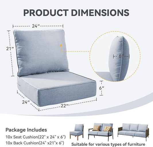 Outdoor Cushion Set for Furniture Patio Furniture, UV Resistant, Water Resistant - 6 Inch Thick Foam Garden Cushions – 22x24 Inch Patio Seat Covers for Chair/Sofa/Couch | Baby Blue | 10-Pack |