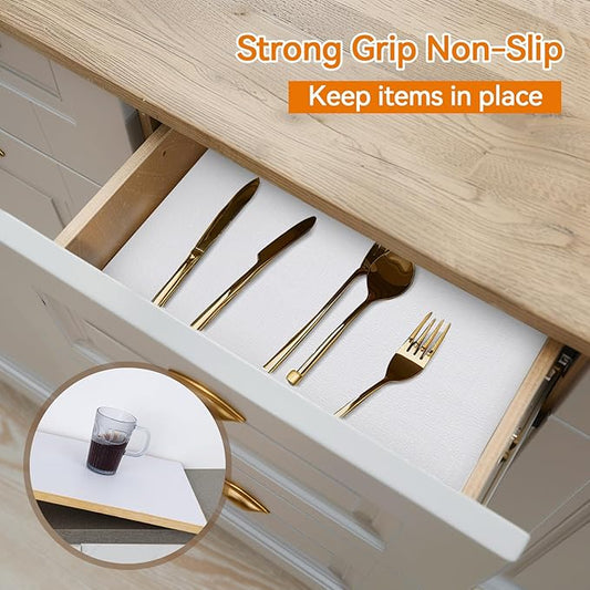 Shelf and Drawer Liner for Kitchen Cabinets Non-Adhesive, Strong Grip Non-Slip Thickened Cabinet Liners for Shelves, Waterproof Mats for Dresser Cupboard, White, 12 in x 10 Feet