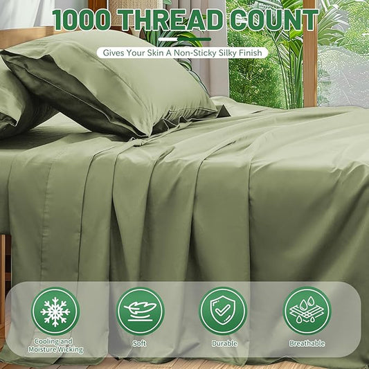 100% Egyptian Cotton Sheets King Size 1000 Thread Count Sateen Weave Soft Breathable 16-Inch Deep Pocket 4PCS(King,Olive Green)