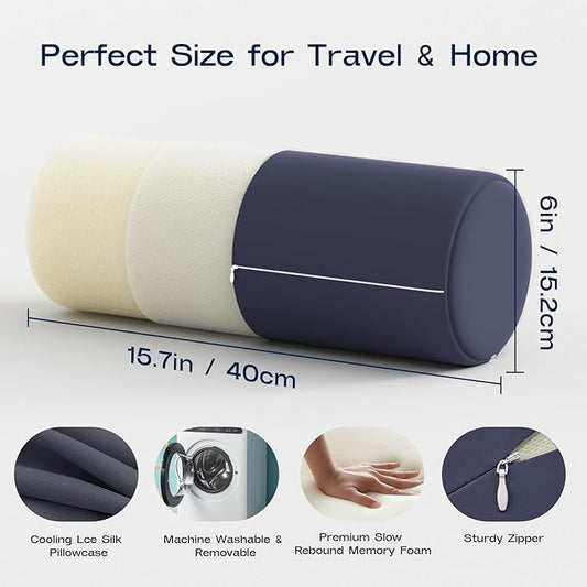 Neck Roll Pillow for Neck Pain Relief - Memory Foam Neck Support Pillow for Bed | Round Neck Pillow for Sleeping, 15.7 * 6 * 6inch ((Navy-Blue)