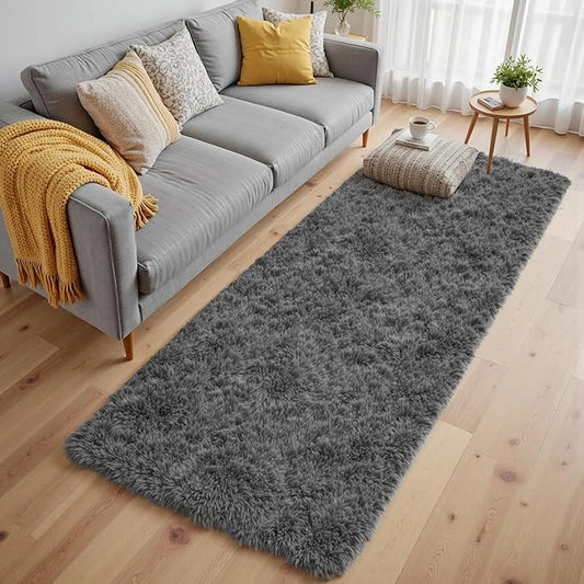2x6 Bedside Area Rugs for Bedroom: Soft Fluffy Shag Gray Rug for Hallway, Non-Slip Fuzzy Plush Living Room Rug Indoor Floor Carpet for Kids Rooms, Dorm, Nursery, Modern Home Aesthetic Decor