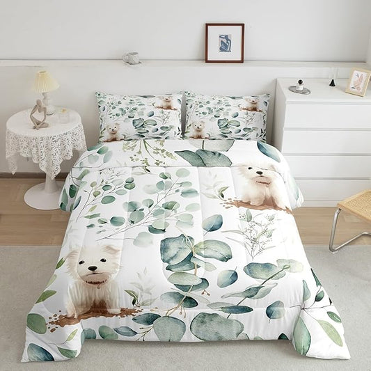 Erosebridal Cute Dog Toddler Bedding Sets for Kids Child Green Eucalyptus Comforter Set, Pet Animal Bedding Comforter Sets Botanical Plant Leaves Duvet Insert, Cartoon Pug Puppy Down Comforter