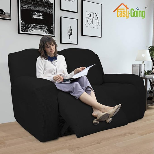 Easy-Going 6 Pieces Recliner Loveseat Stretch Sofa Slipcover Sofa Cover Furniture Protector Couch Soft with Elastic Bottom Kids, Spandex Jacquard Fabric Small Checks Black