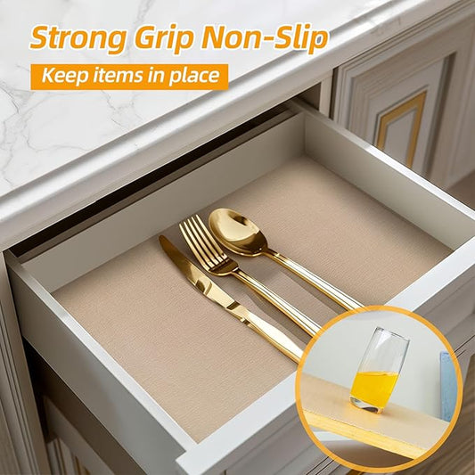 Shelf and Drawer Liner for Kitchen Cabinets Non-Adhesive, Strong Grip Non-Slip Thickened Cabinet Liners for Shelves, Waterproof Mats for Dresser Cupboard, Khaki, 12 in x 30 Feet