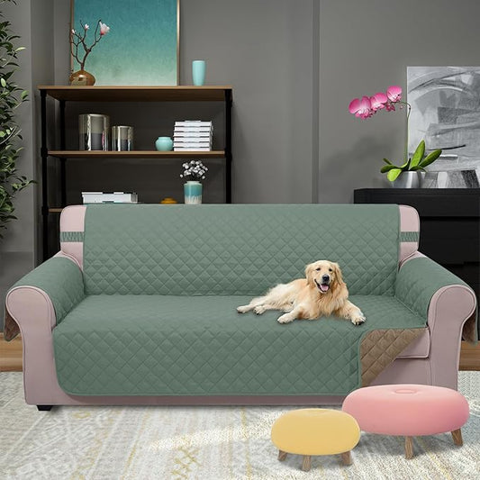 U-NICE HOME Reversible Sofa Cover Couch Cover for Dogs with Elastic Straps Water Resistant Furniture Protector for Pets Couch Cover for 3 Cushion Couch (Sofa, Greyish Green/Taupe)