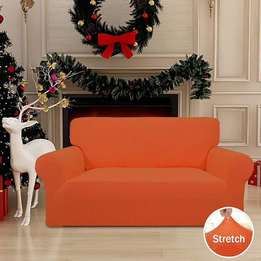 Easy-Going Stretch Loveseat Slipcover 1-Piece Sofa Cover Furniture Protector Couch Soft with Elastic Bottom for Kids Polyester Spandex Jacquard Fabric Small Checks (Loveseat, Orange)