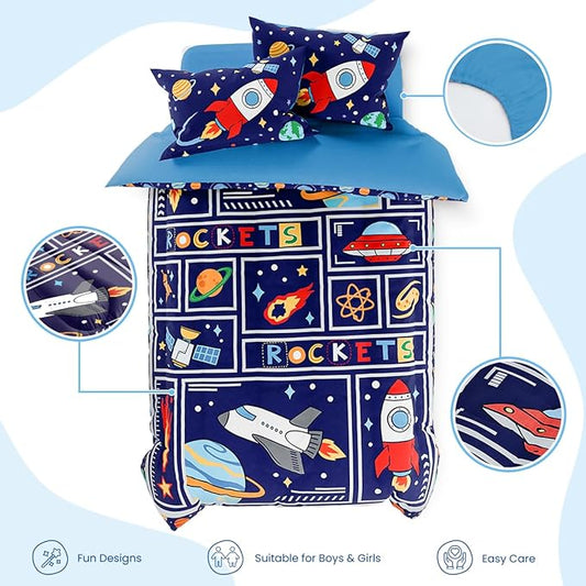 SANDJEST Space Bedding Twin for Boys, Ultra Soft Microfiber Comforter Bed Set with 3-Pieces, Rocket Comforters Sets for Kids Children Teen Tween Bedroom Decor